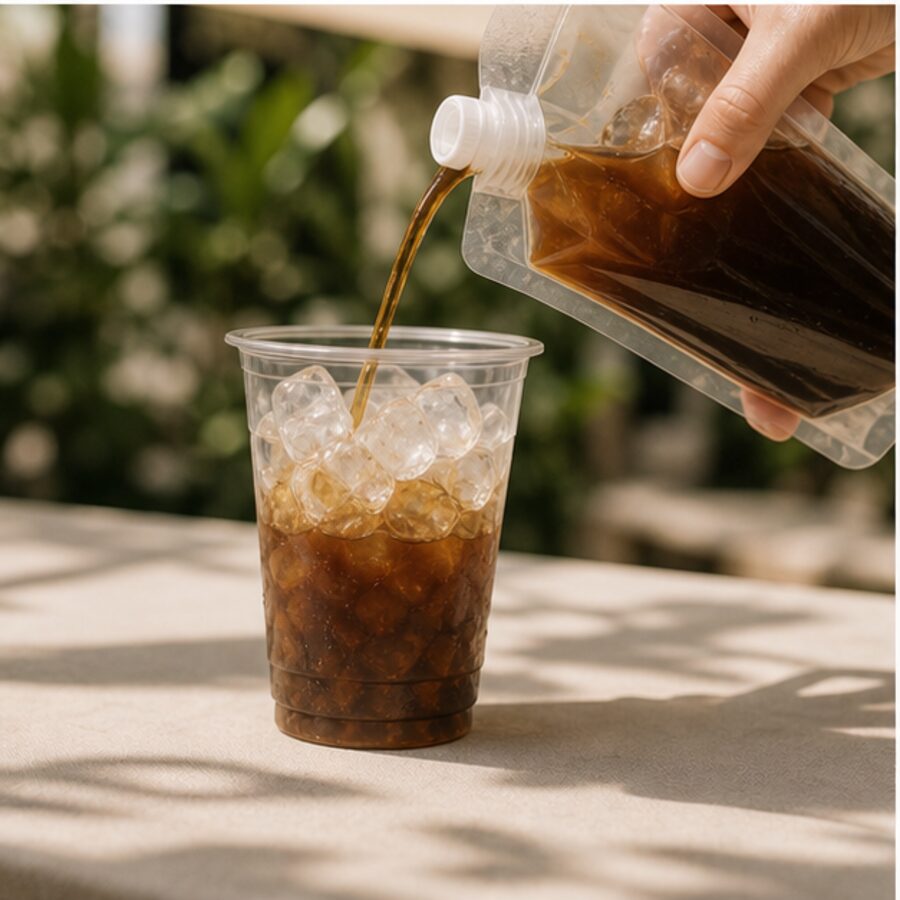 Sirviendo café Beat House en un vaso con hielo
