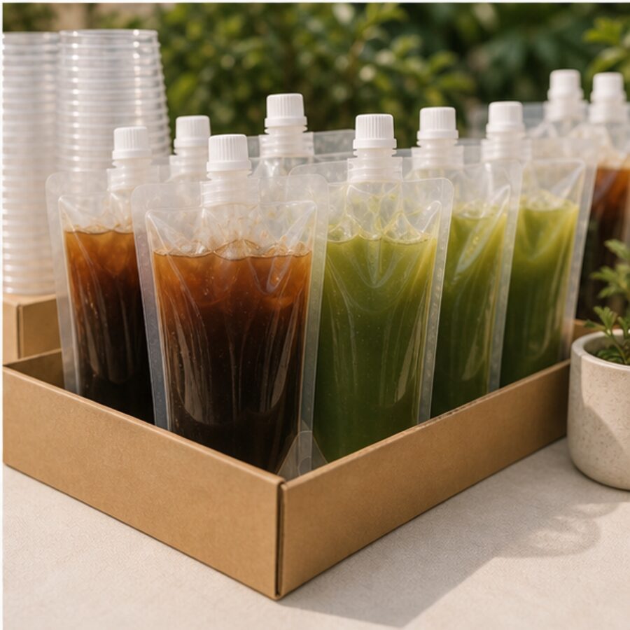 Bolsas de café y matcha Beat House listas en caja para el evento